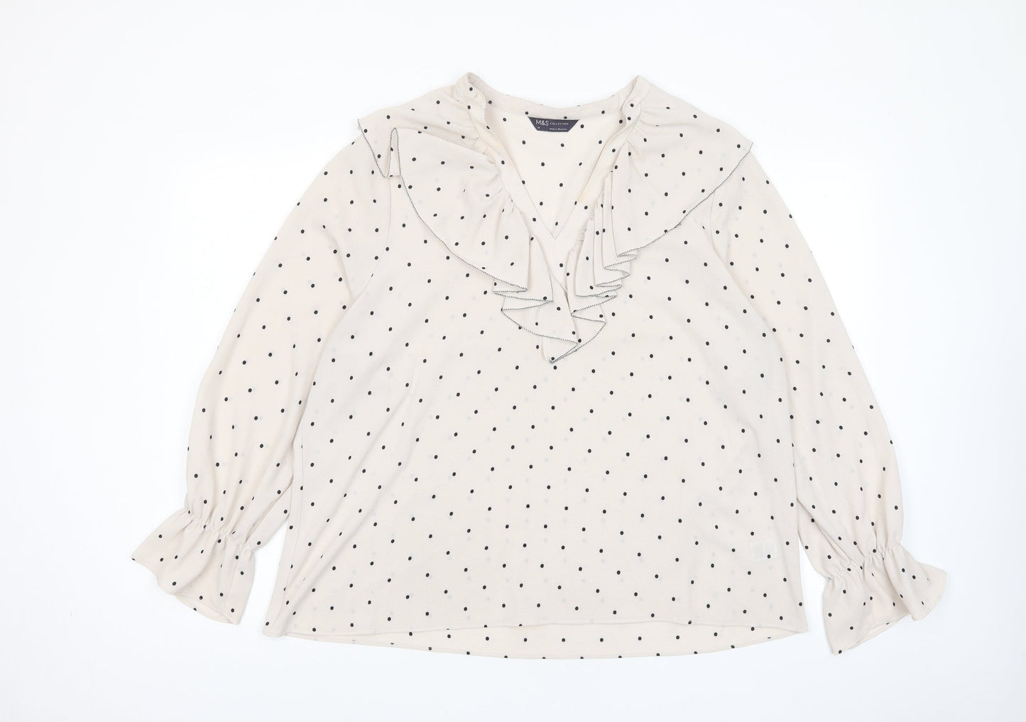 Marks and Spencer Womens Beige Polka Dot Polyester Basic Blouse Size 12 V-Neck - Frill