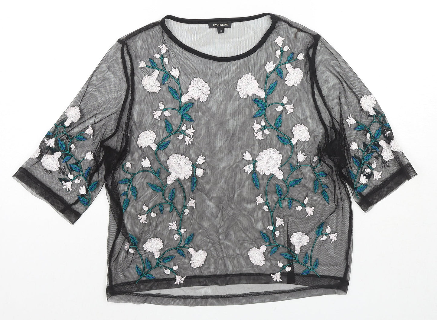 River Island Womens Black Polyester Basic Blouse Size 12 Round Neck - Flowers