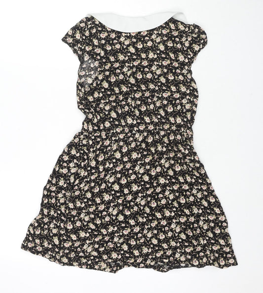 Valley Of The Dolls Womens Black Floral Viscose Fit & Flare Size 8 Collared Pullover - Pockets