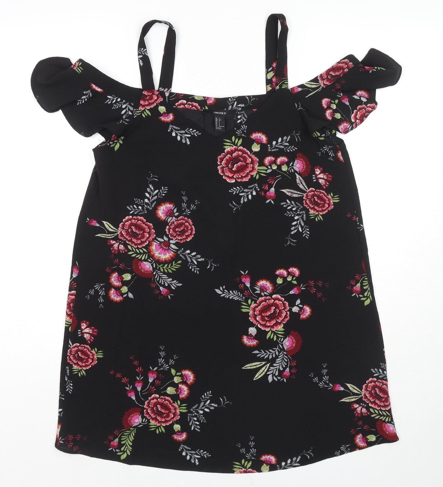 FOREVER 21 Womens Black Floral Viscose Tank Dress Size S Off the Shoulder Pullover - Cold Shoulder