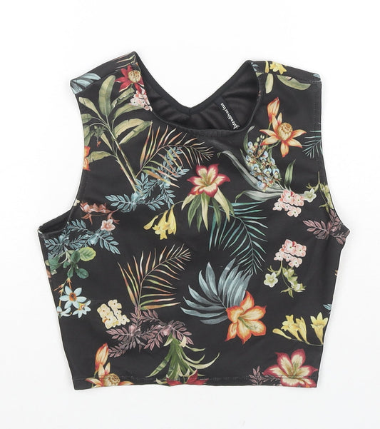 Stradivarius Womens Black Floral Polyester Cropped Blouse Size 8 Round Neck