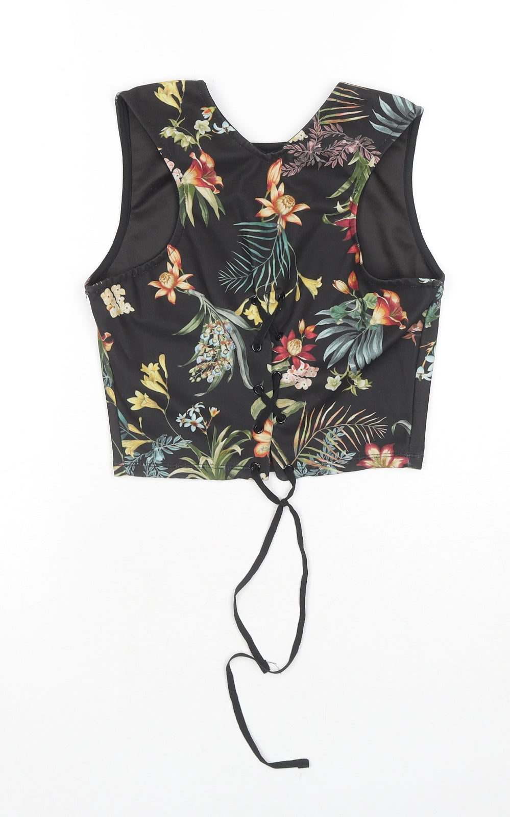 Stradivarius Womens Black Floral Polyester Cropped Blouse Size 8 Round Neck