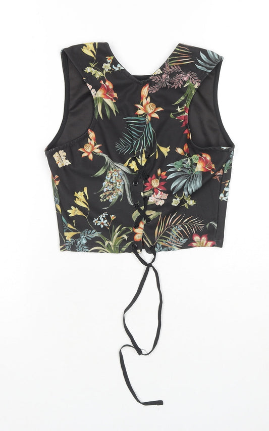 Stradivarius Womens Black Floral Polyester Cropped Blouse Size 8 Round Neck