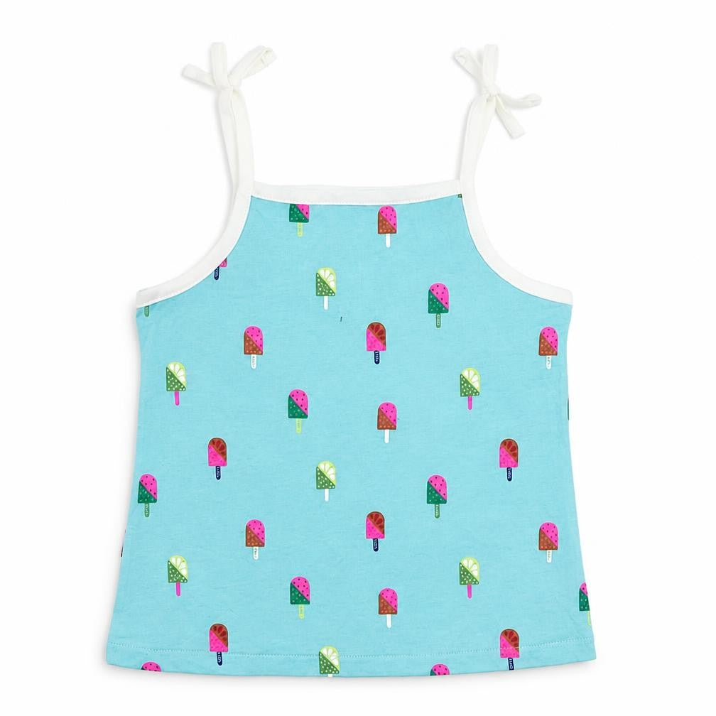 Front view of Marks & Spencer girls’ blue geometric cotton camisole tank, years square neck pullover - ice cream print