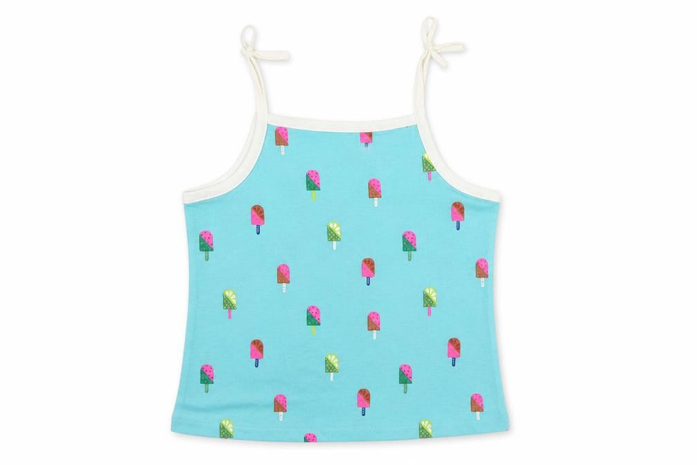 Front view of Marks & Spencer girls’ blue geometric cotton camisole tank, years square neck pullover - ice cream print