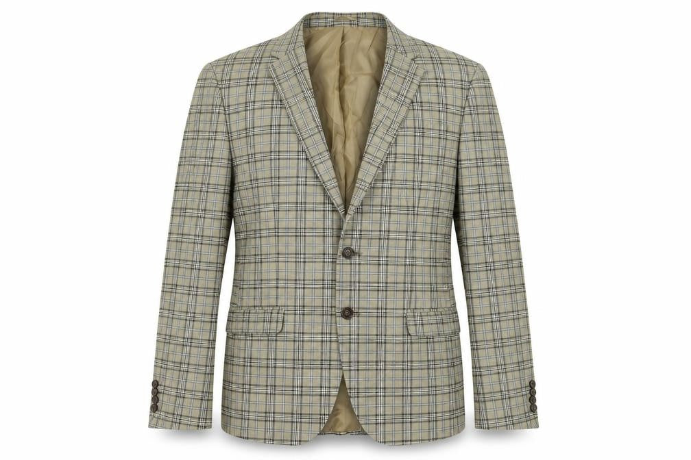 Front view of boohooMAN men’s beige plaid polyester jacket blazer, size 42, regular