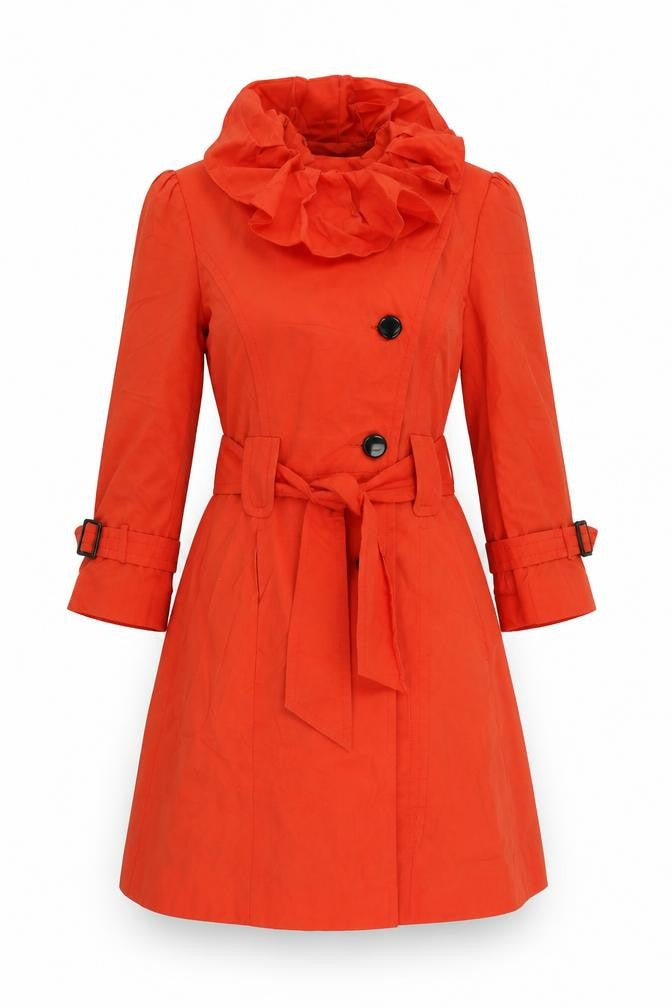 Front view of Miss Selfridge women’s red trench coat coat, size UK 8, button - belted