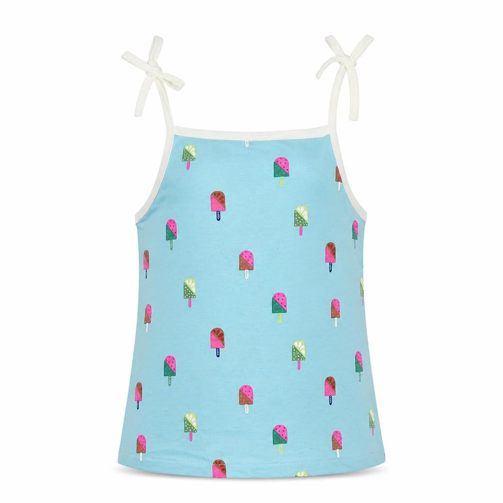 Front view of Marks & Spencer girls’ blue geometric cotton camisole tank, years square neck pullover - ice cream print