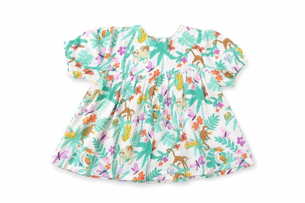 Front view of Marks & Spencer girls’ multicoloured geometric cotton fit & flare, size 6-9, months round neck button