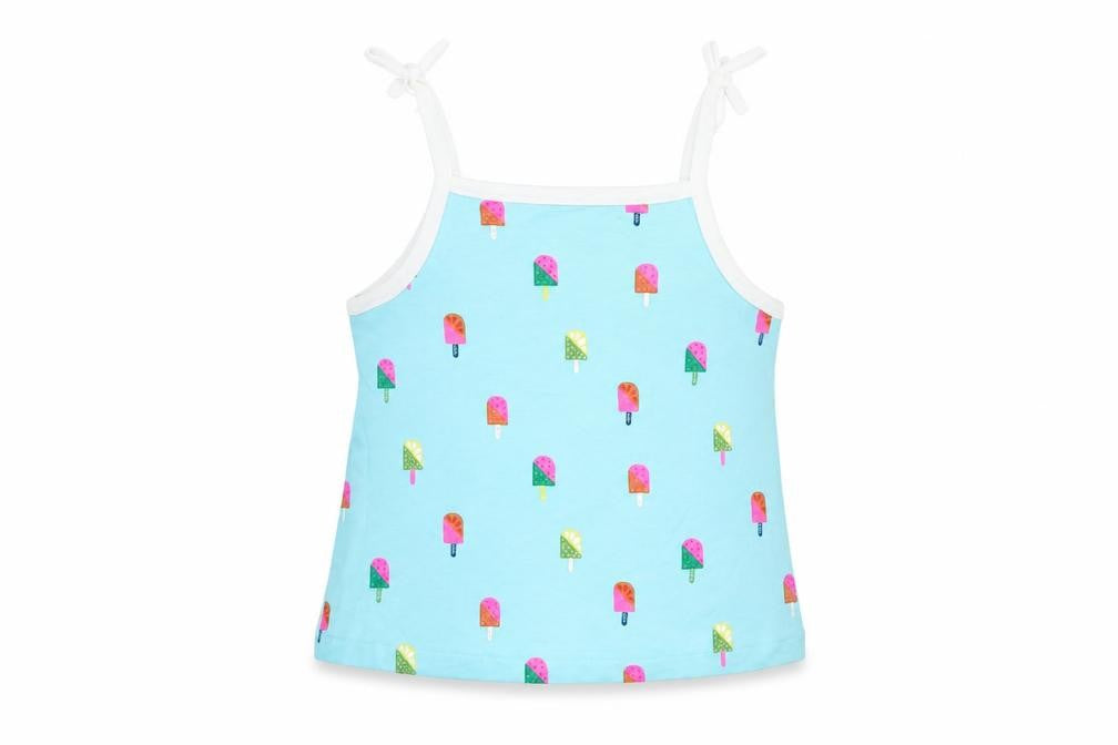 Front view of Marks & Spencer girls’ blue geometric cotton basic tank, size 2-3, years square neck pullover