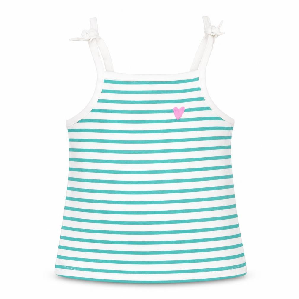 Front view of Marks & Spencer girls’ green striped cotton camisole tank, size 3-4, years square neck pullover