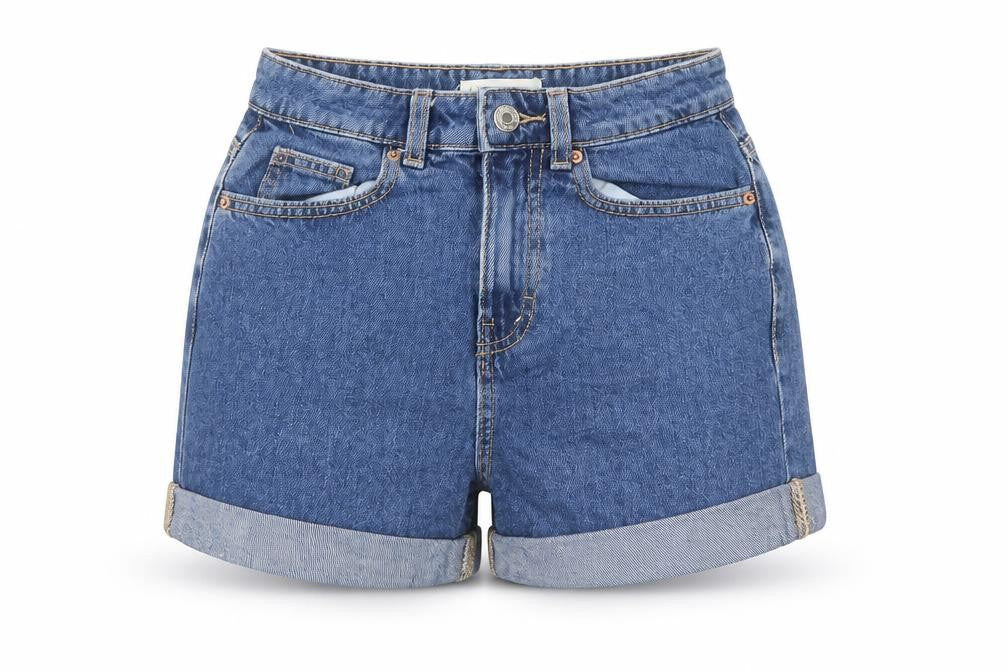 Front view of Denim & Co. women’s blue cotton mom shorts, size UK 4, 3-inch leg regular button