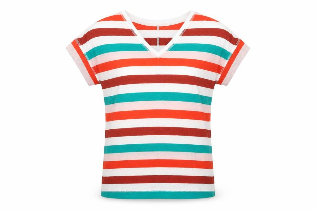 Marks and Spencer Womens Multicoloured Striped Linen Basic T-Shirt Size 8 V-Neck