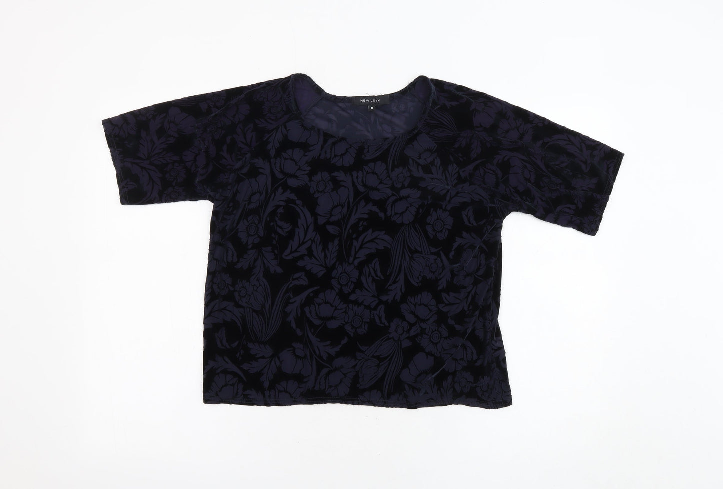 New Look Womens Black Floral Polyester Basic Blouse Size 8 Round Neck - Sheer
