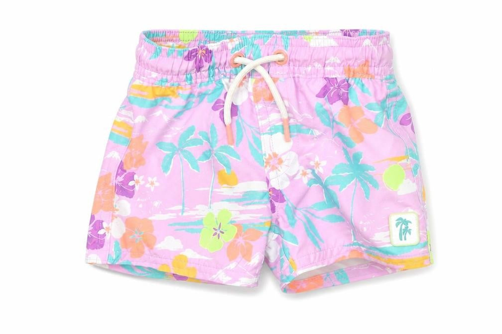 Front view of Marks & Spencer Baby Multicoloured Geometric Polyester Cropped Trousers, Months Drawstring - Swim Shorts Plant