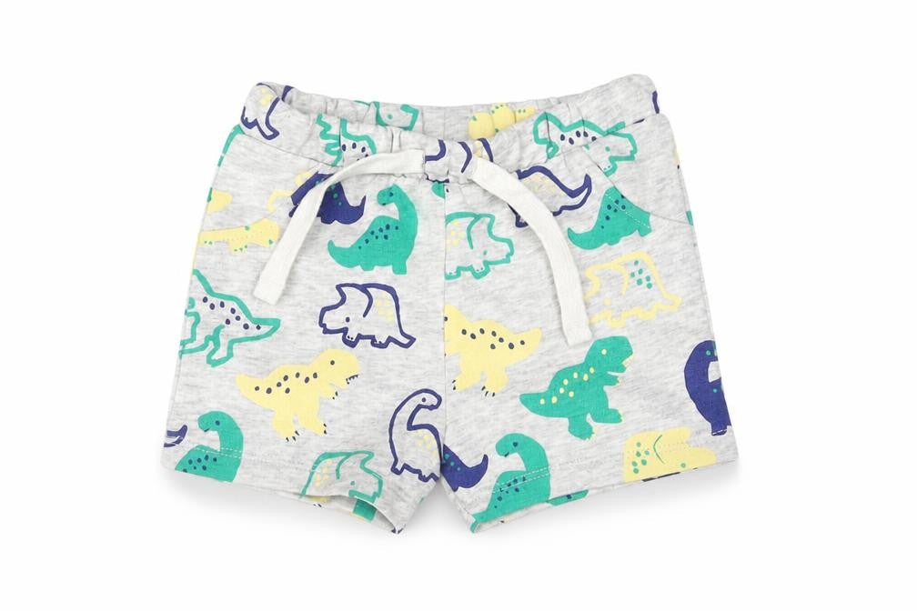 Front view of Marks & Spencer boys’ multicoloured geometric cotton cropped trousers, months drawstring - dinosaur print