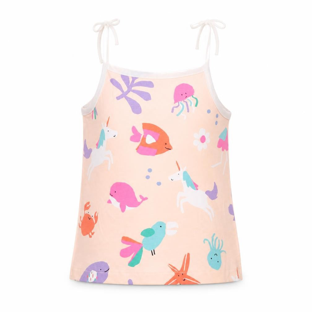 Front view of Marks & Spencer girls’ pink geometric cotton basic tank, years square neck pullover - sea life unicorn flamingo