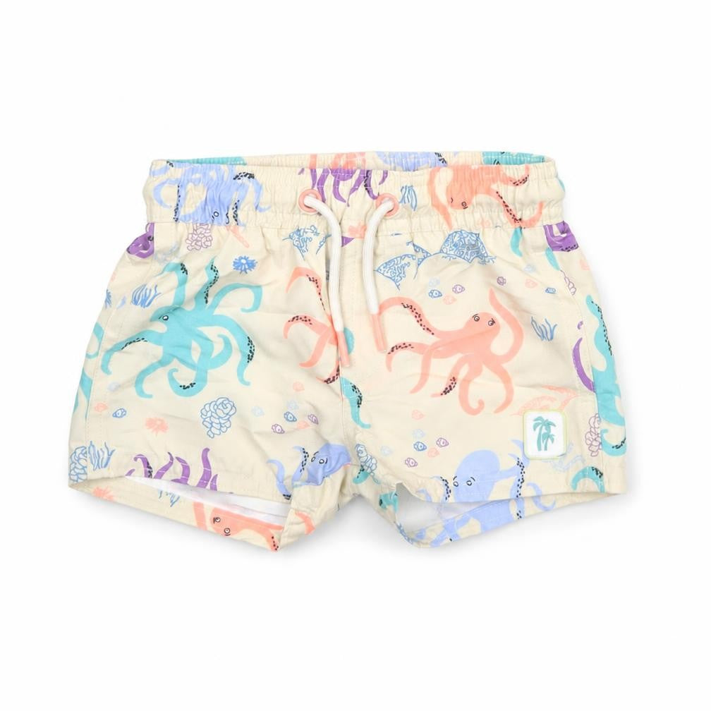 Front view of Marks & Spencer boys’ multicoloured geometric polyester cropped trousers, months drawstring - swim shorts