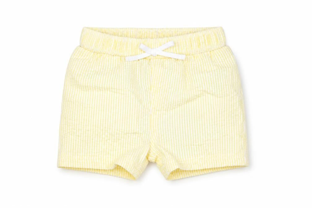 Front view of Marks & Spencer boys’ yellow striped polyester cropped trousers, size 6-9, months drawstring - swim shorts