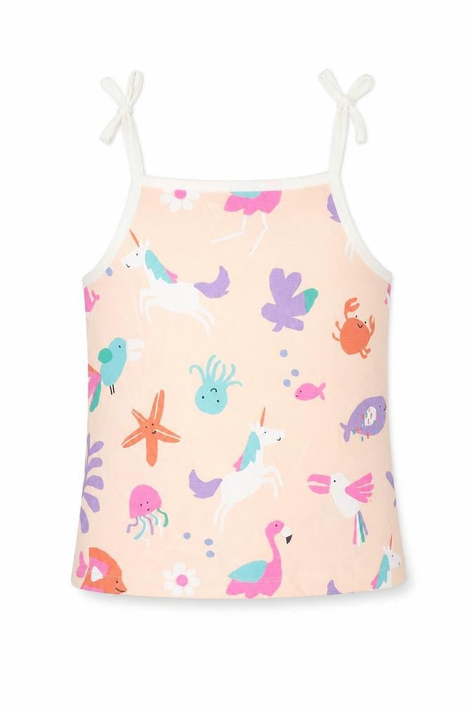 Front view of Marks & Spencer girls’ pink geometric cotton basic tank, years square neck pullover - sea life unicorn flamingo