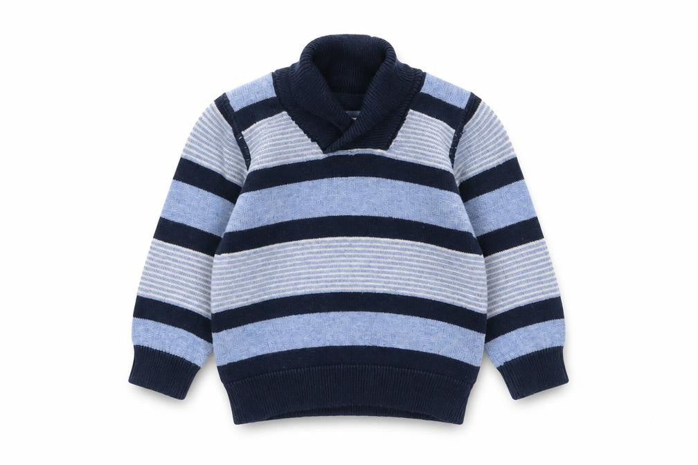 Front view of Early Days boys’ blue striped cotton jumper, size 0-3, months pullover