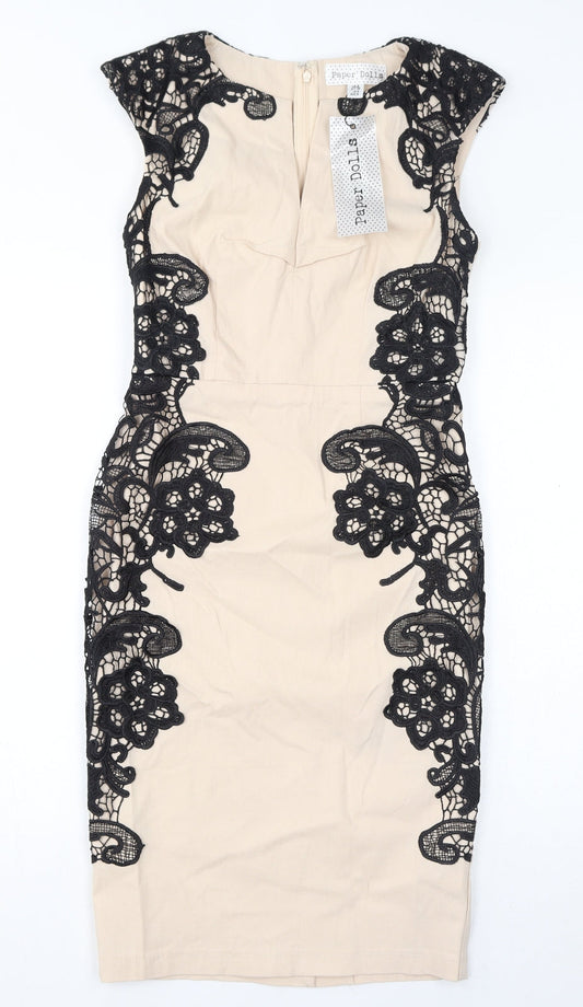 Paper Dolls Womens Ivory Viscose Pencil Dress Size 8 V-Neck Zip - Lace Detail