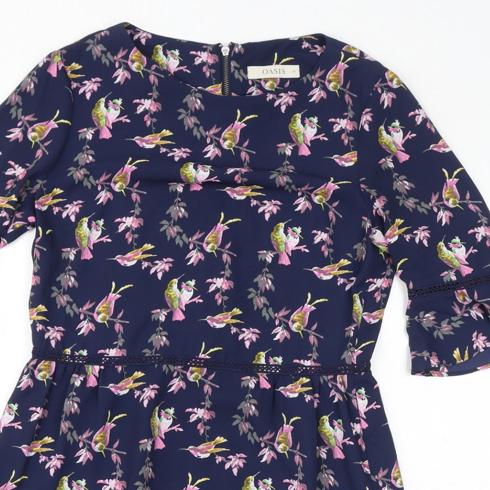 Oasis Womens Blue Floral Polyester A-Line Size 10 Boat Neck Zip - Birds