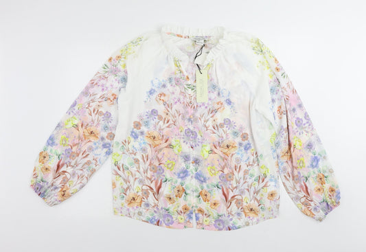 Rachel Zoe Womens White Floral Polyester Basic Button-Up Size L Collared