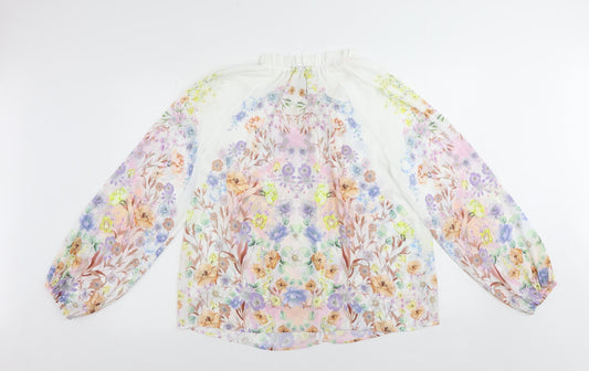 Rachel Zoe Womens White Floral Polyester Basic Button-Up Size L Collared