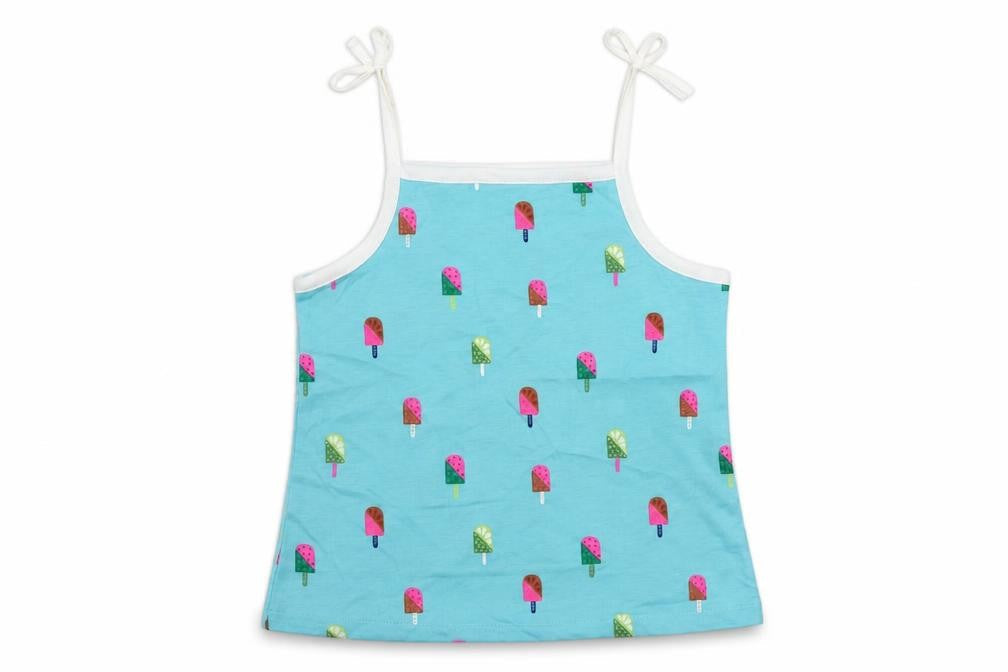 Front view of Marks & Spencer girls’ blue geometric cotton camisole tank, years square neck pullover - ice cream print