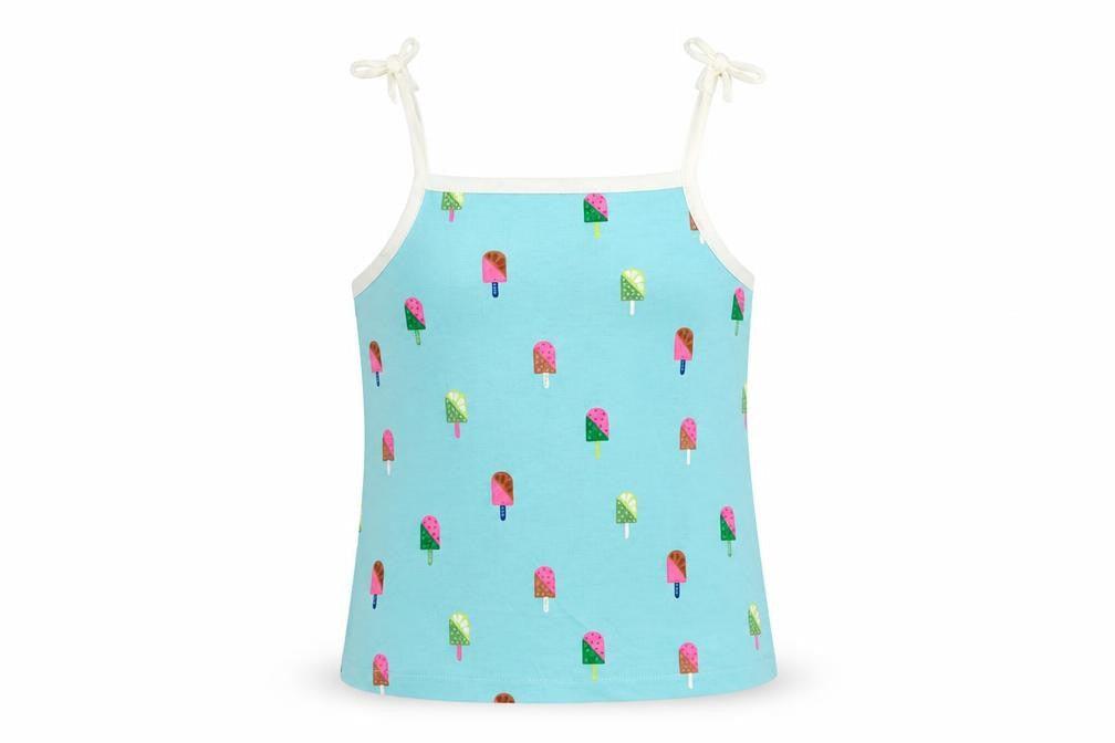 Front view of Marks & Spencer girls’ blue geometric cotton camisole tank, years square neck pullover - ice cream print