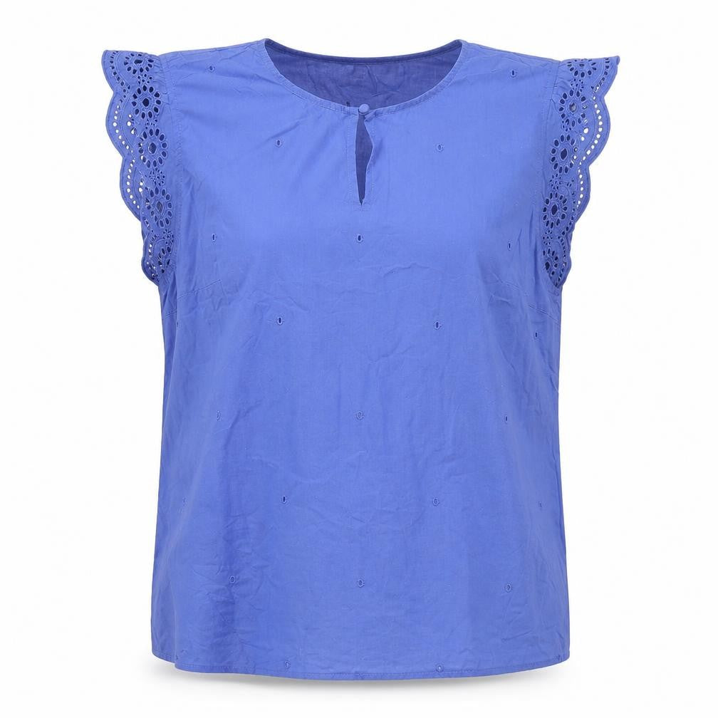 Great Plains London Womens Blue Cotton Basic Blouse Size 12 Round Neck - Embraided