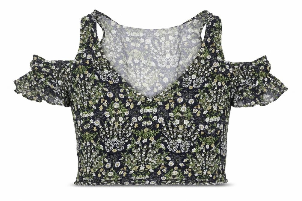 Pins & Needles Womens Multicoloured Floral Viscose Cropped T-Shirt Size XS Round Neck - Cold Shoulder