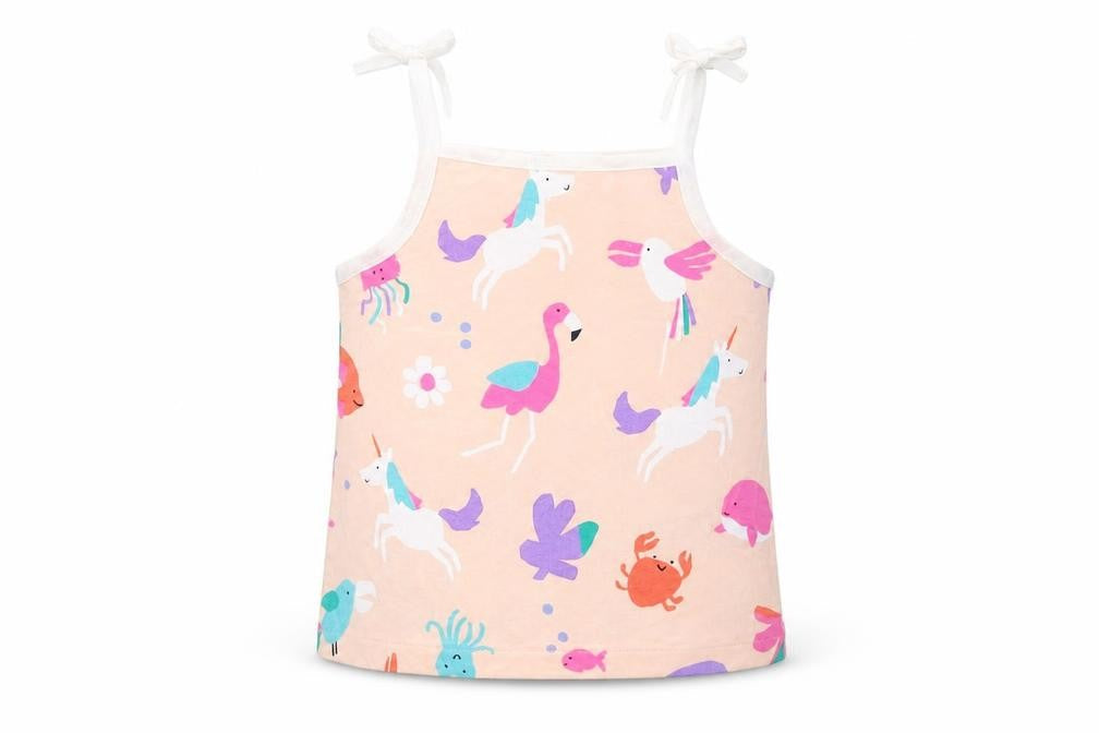 Front view of Marks & Spencer girls’ pink geometric cotton basic tank, size 2-3, years square neck pullover