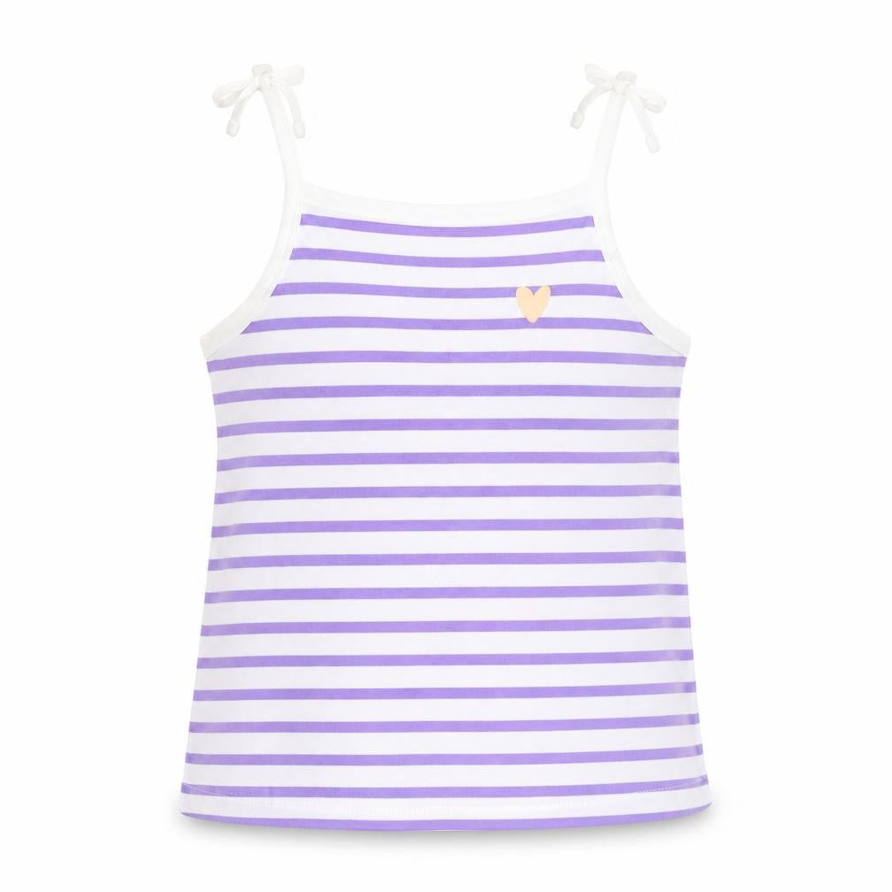 Front view of Marks & Spencer girls’ purple striped cotton basic tank, size 2-3, years square neck pullover