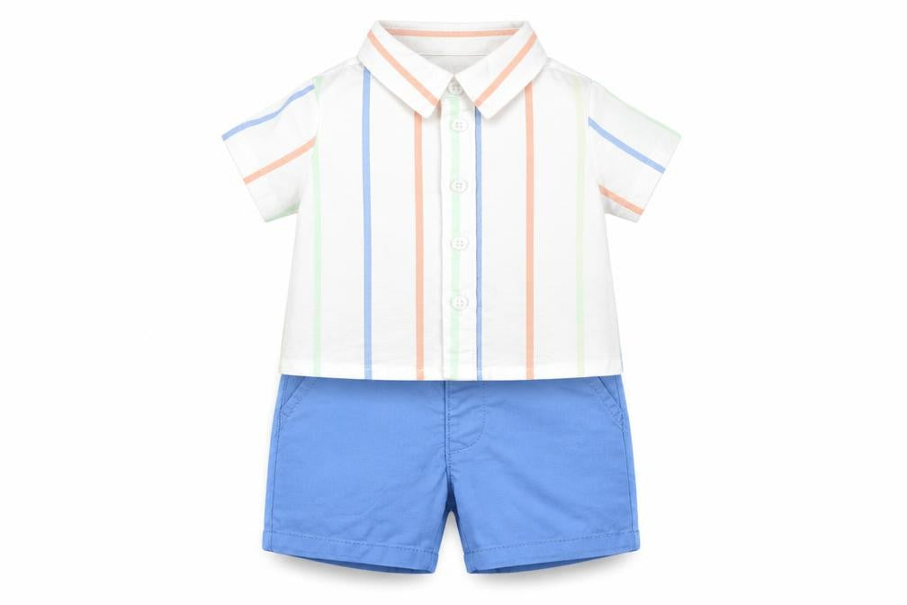Front view of Marks & Spencer boys’ multicoloured striped cotton shorts set outfit/set, size 0-3, months button