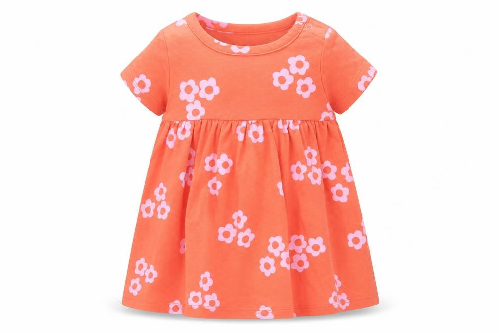 Front view of Marks & Spencer girls’ orange floral cotton fit & flare, size 0-3, months round neck snap