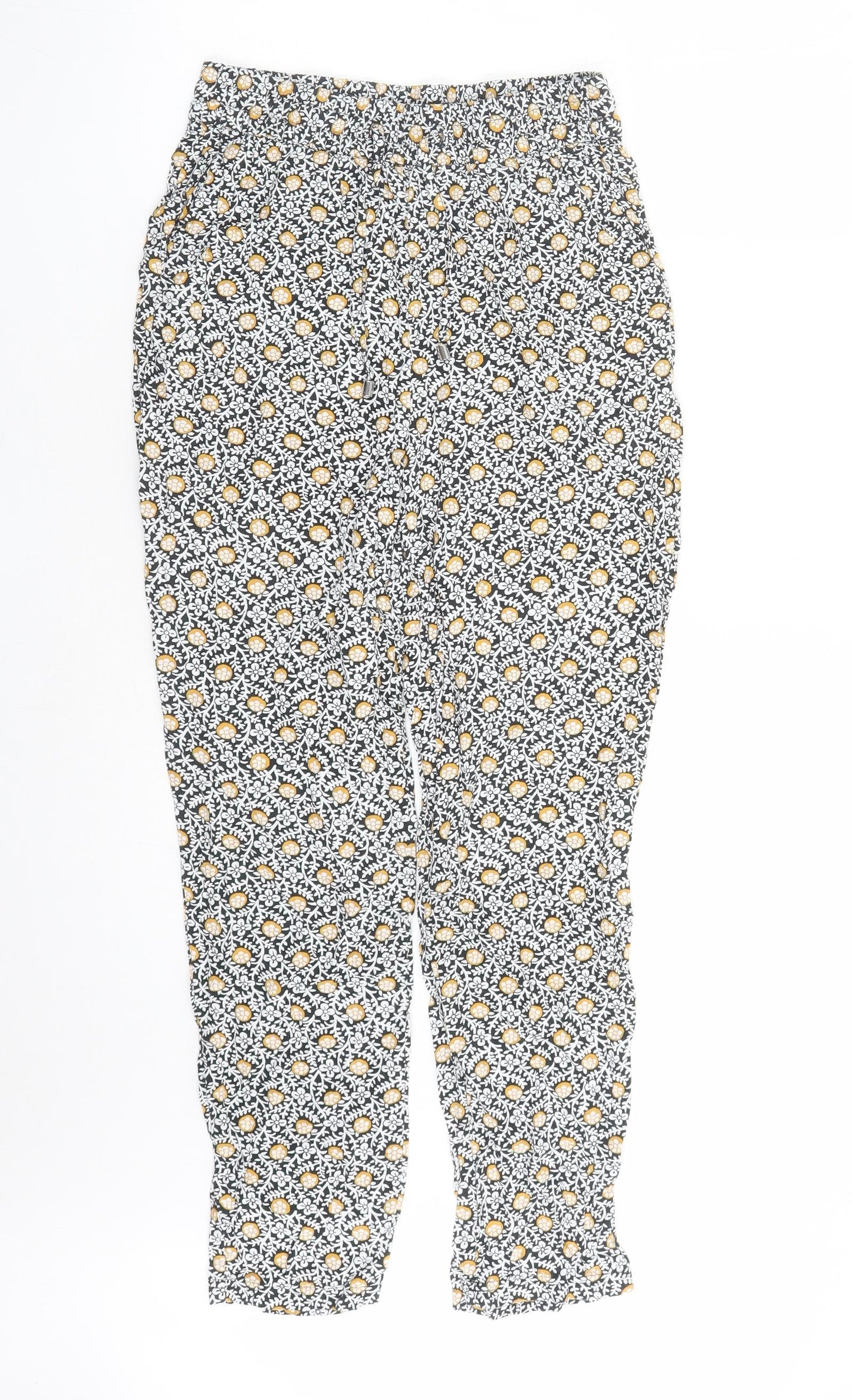 Marks and Spencer Womens Black Geometric Viscose Carrot Trousers Size 8 L26 in Regular Drawstring - Elasticated Waist Pockets