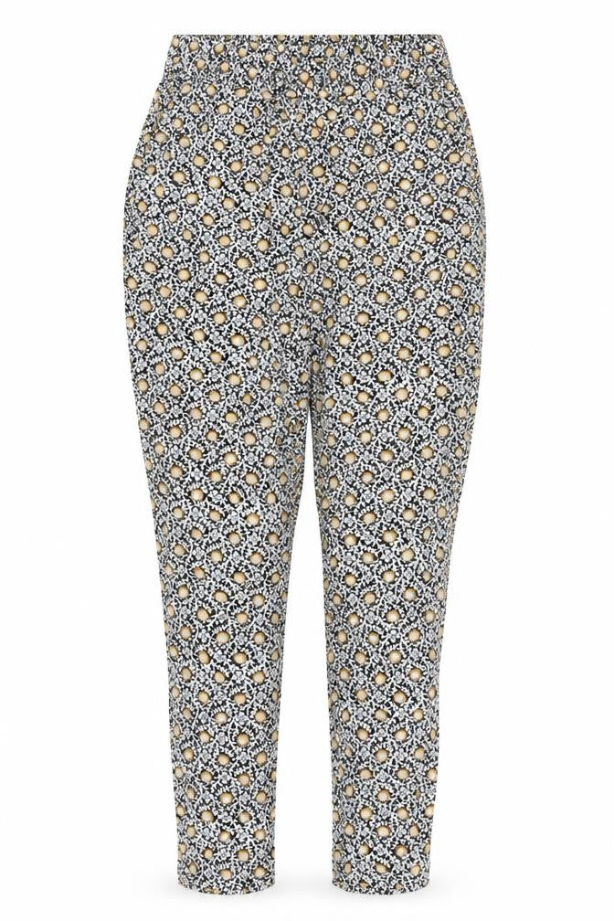 Marks and Spencer Womens Black Geometric Viscose Carrot Trousers Size 8 L26 in Regular Drawstring - Elasticated Waist Pockets