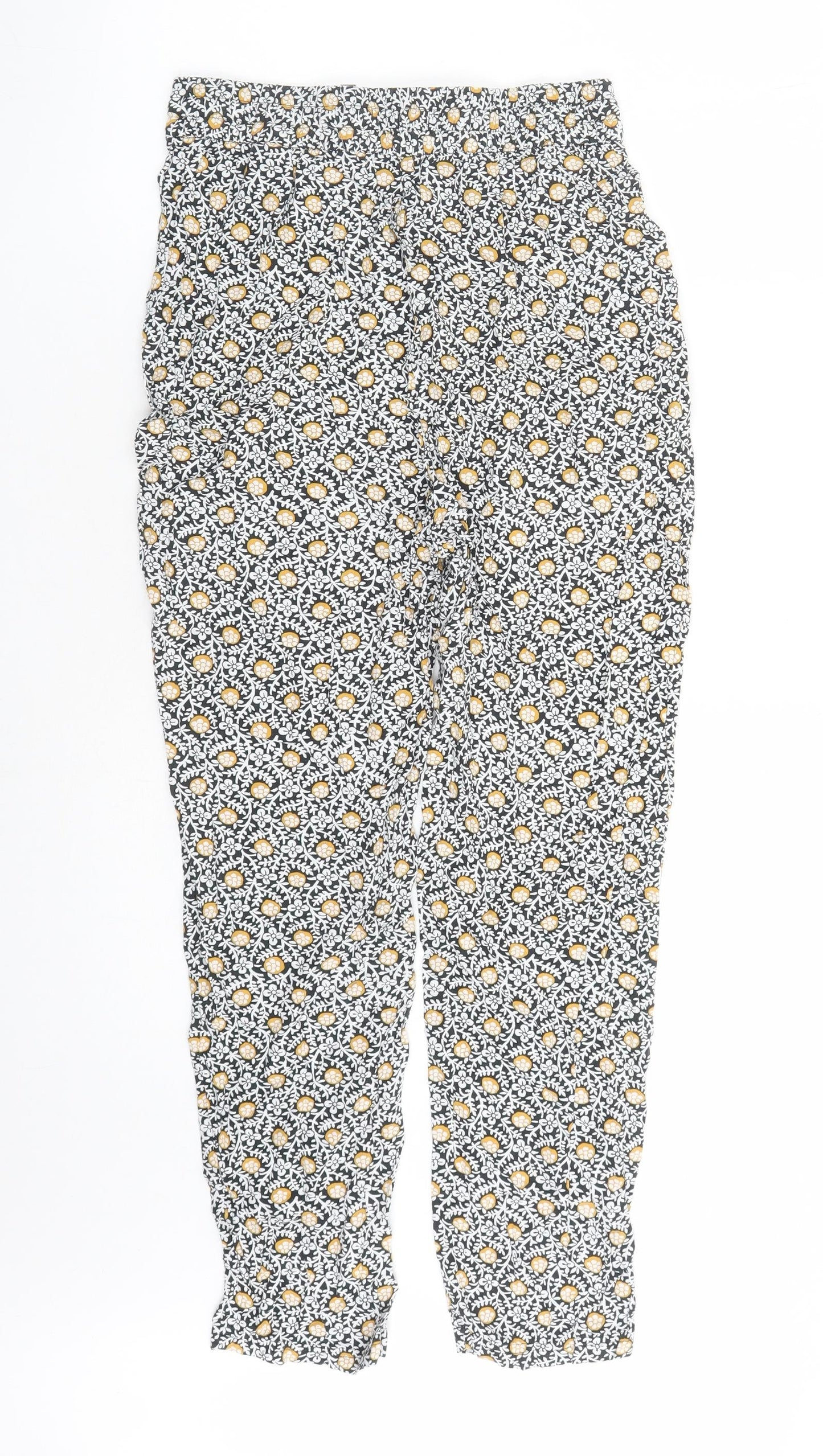 Marks and Spencer Womens Black Geometric Viscose Carrot Trousers Size 8 L26 in Regular Drawstring - Elasticated Waist Pockets
