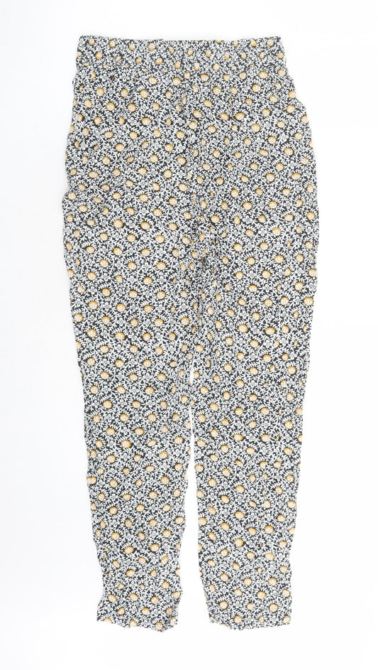 Marks and Spencer Womens Black Geometric Viscose Carrot Trousers Size 8 L26 in Regular Drawstring - Elasticated Waist Pockets