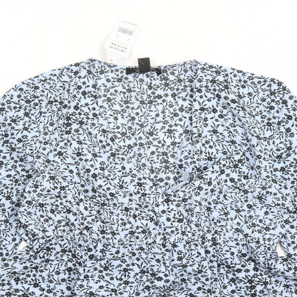 New Look Womens Blue Floral Polyester Basic Blouse Size 6 V-Neck