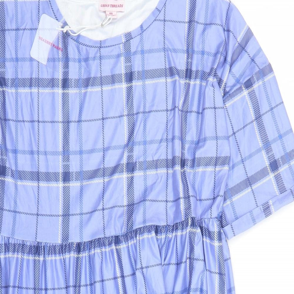 Urban Threads Womens Blue Plaid Polyester A-Line Size 12 Round Neck Pullover