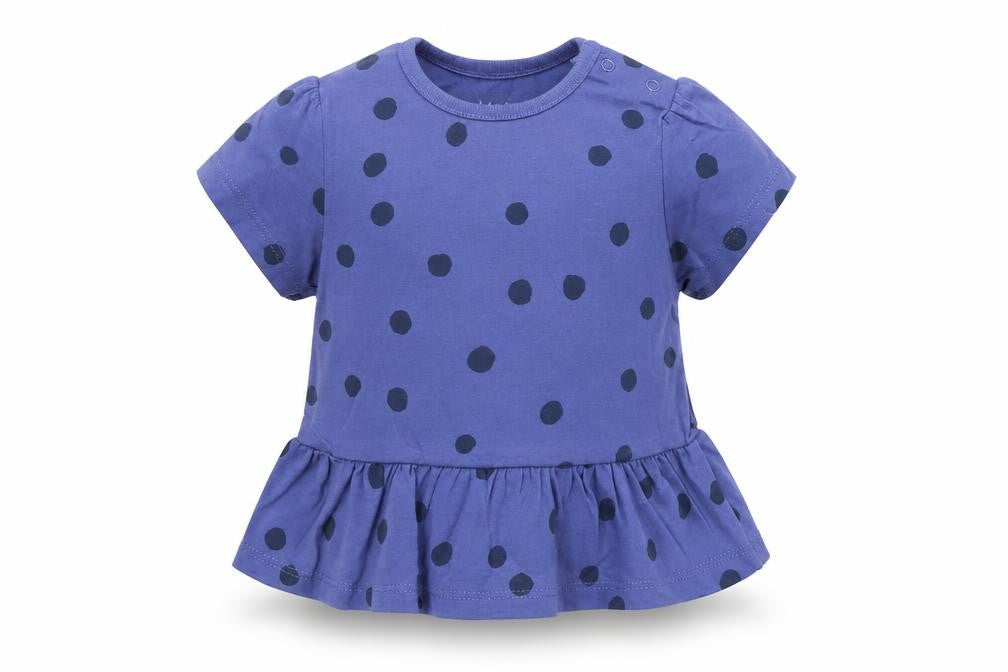 Front view of Marks & Spencer girls’ blue polka dot cotton basic t-shirt, size 6-9, months crew neck snap