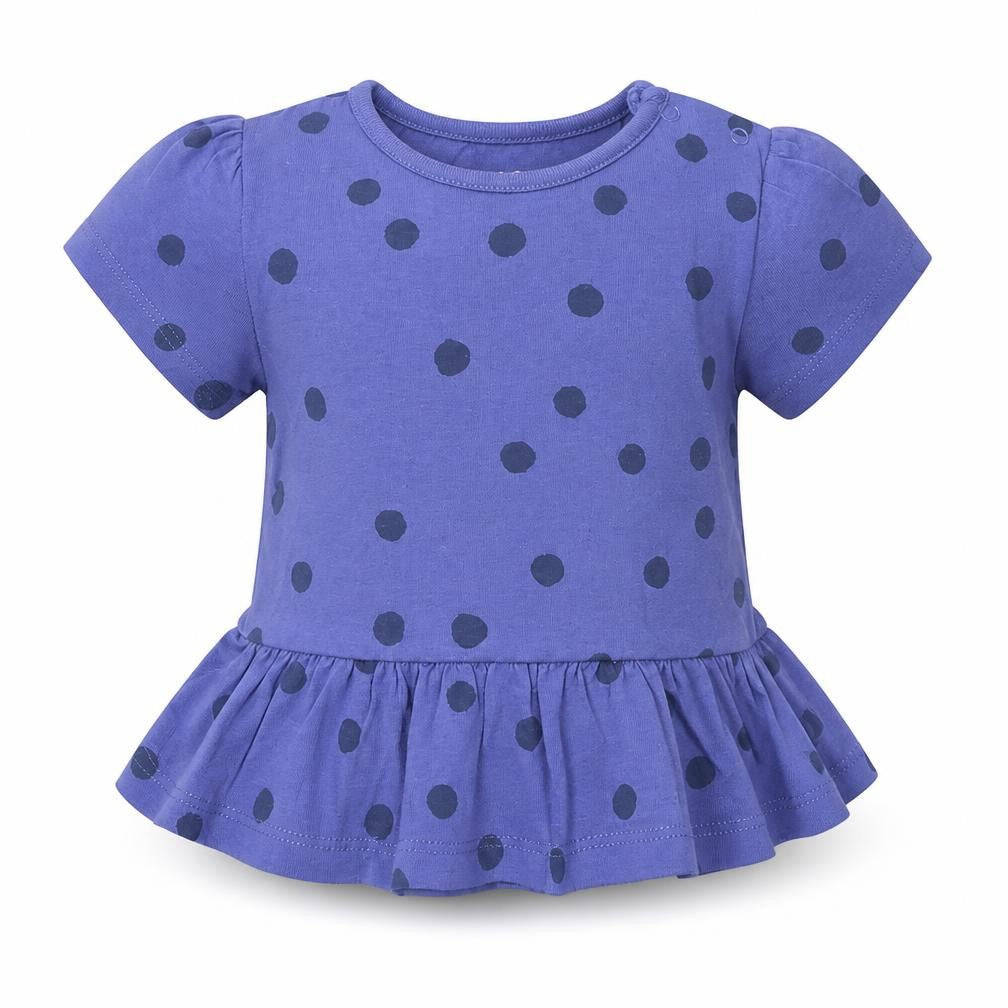 Front view of Marks & Spencer girls’ pink polka dot cotton basic t-shirt, size 6-9, months crew neck snap