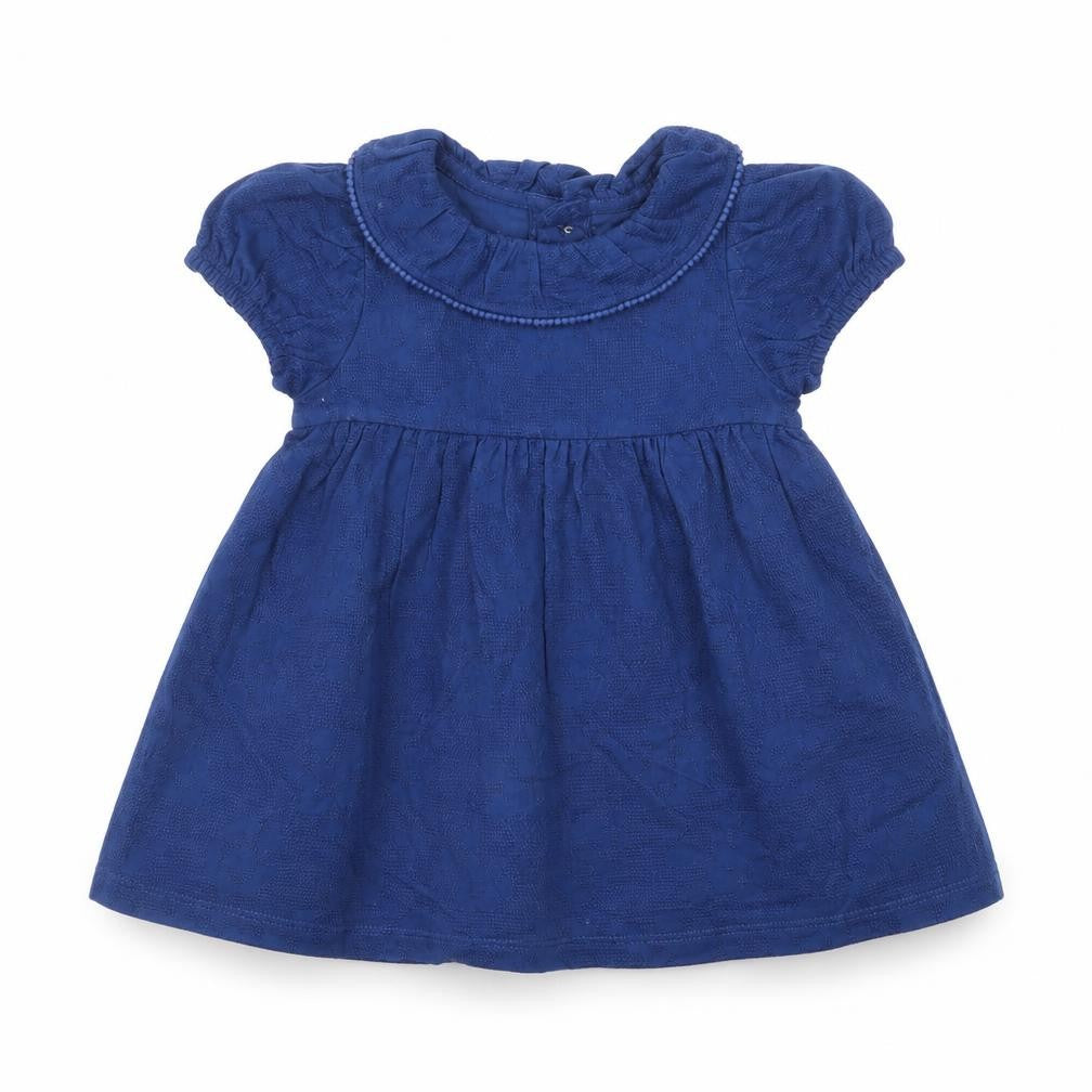 Front view of Marks & Spencer girls’ blue cotton a-line, size 3-6, months collared button