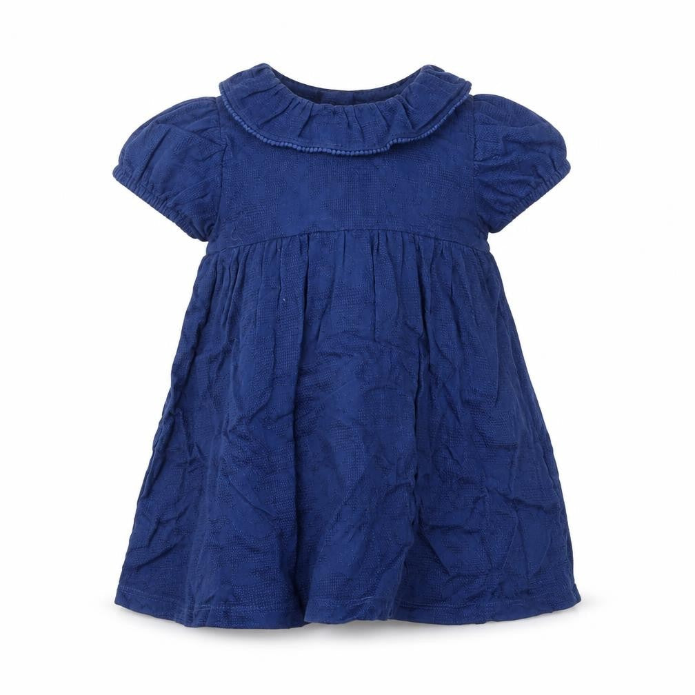 Front view of Marks & Spencer girls’ blue cotton a-line, size 3-6, months collared button