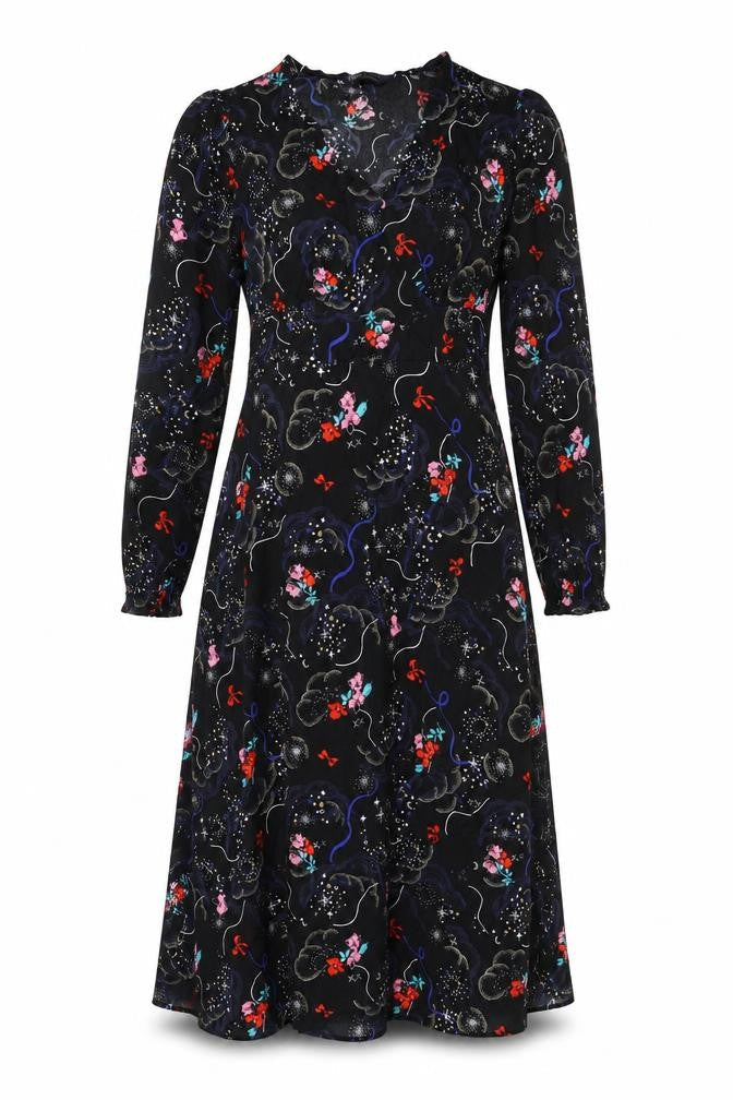 Marks and Spencer Womens Black Geometric Viscose A-Line Size 10 V-Neck Zip - Tie Detail