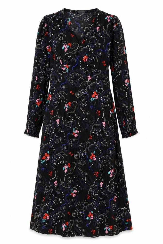 Marks and Spencer Womens Black Geometric Viscose A-Line Size 10 V-Neck Zip - Tie Detail