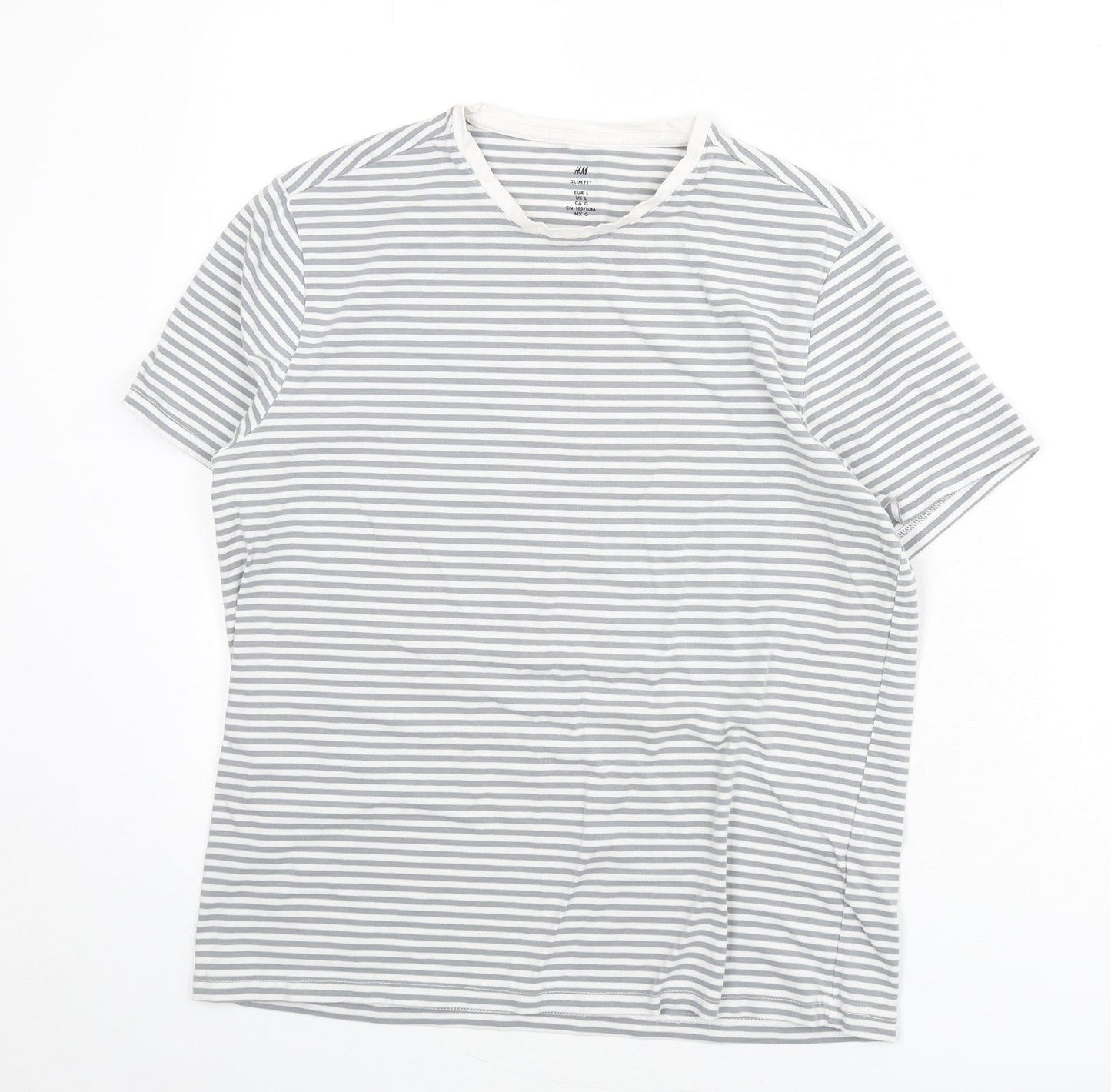 H&M Womens Grey Striped Cotton Basic T-Shirt Size L Round Neck